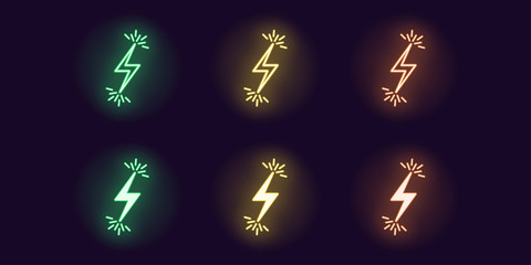 Neon icon set of Lightning bolt flash. Vector