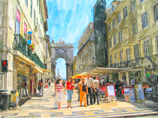 Cityscape of Lisbon district Baixa with its stores and houses. People walking around. - obrazy, fototapety, plakaty