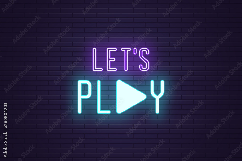 Poster neon composition of lets play sign. vector text