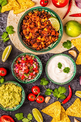 Mexican food concept: tortillas, nachos with guacamole, salsa.