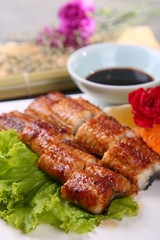 grilled sausages with potatoes and salad