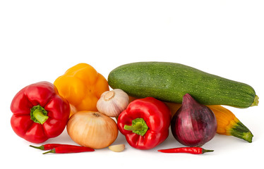 Zucchini Bulgarian and chili pepper with garlic red and white bulbs