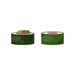 Two sushi rolls flat icon. Maki rolls, Japanese restaurant, snack. Asian food concept. Vector illustration can be used for topics like food, menu, traditional cuisine