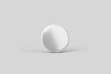 Pin badge front side. White round blank button isolated on soft gray background. 3D rendering.