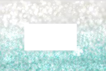 Abstract festive turquoise silver shining glitter background texture with a white frame with ribbon bows. Made for valentine, wedding, invitation or other holidays card design. Card concept.