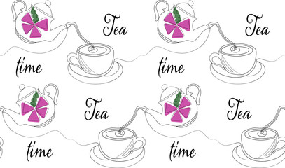 Tea time seamless pattern one line style. Vector illustration.