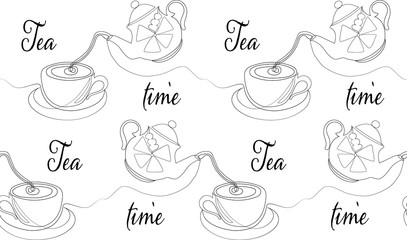 One line seamless pattern "Tea time". Vector illustration.