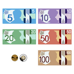 Canadian style money bills  five ten twenty fifty  one hundred & coins one & two dollars