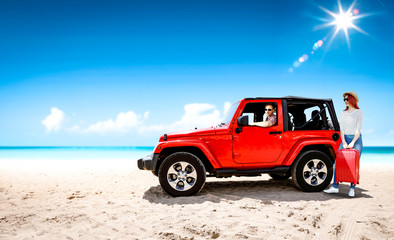 Red summer car on beach and two lovers. Two people and summer background of beach. 