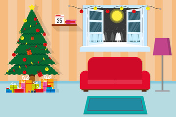 interior living room in christmas theme.vector and illustration. 
