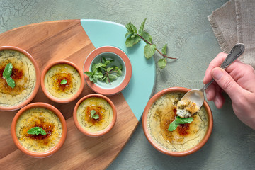 Creme brulee, or Crema Catalana, the Spanish variation of this traditional custard dessert, made in traditional cazuela dishes