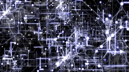 Fly through abstract 3D rendering of a scientific technology data binary code network conveying connectivity. Global network and data connections. - Powered by Adobe