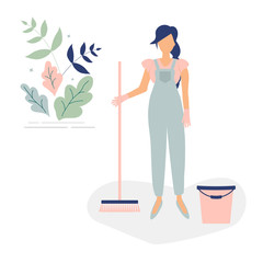 Cute cleaner woman in blue overalls like a cinderella with sweeping brush and bucket.Decorated beautiful leaves and branches.Vector illustration.For ad,logo for cleaning company,leaflets,flyers
