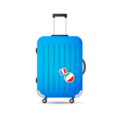 Wheeled suitcase with national flag stickers. Blue luggage with handle. Can be used for topics like airport, travel, vacation