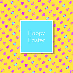 Funny and Colorful Happy Easter greeting card with rabbit, bunny illustration,eggs, banner,flag and text