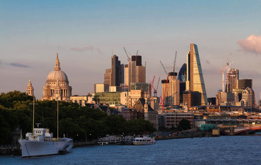 The view of London's city hall and modern skyscrapers at sunny day.