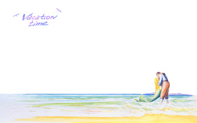 A young man kisses a mermaid by the sea. Romantic light background for your design. Inscription Vacation time. Watercolor illustration. Summer and love.