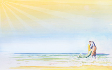 Obraz na płótnie Canvas A young man kisses a mermaid by the sea. Romantic light background for your design. Inscription Vacation time. Watercolor illustration. Summer and love.