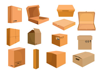 Cardboard boxes set. Collection for food delivery and furniture packaging. Can be used for topics like moving, delivery, distribution storage