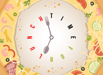 Time for lunch. Assorted pizza with conceptual vector watch with stylized clock hands like spoon and fork.
