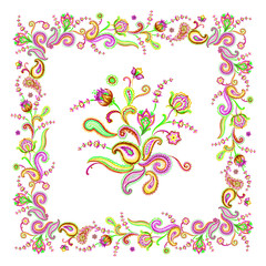 Print for a scarf and other designs with abstract paisley-style flowers, watercolor illustration.