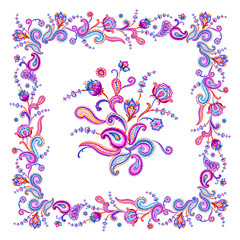 Print for a scarf and other designs with abstract paisley-style flowers in violet colors, watercolor illustration.