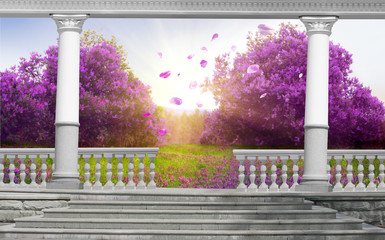 Beautiful view from the old arch to the blooming spring garden