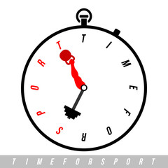 Time for sport. Stopwatch with clock hands stylized like a barbell and arm with rotating weight. Vector watch