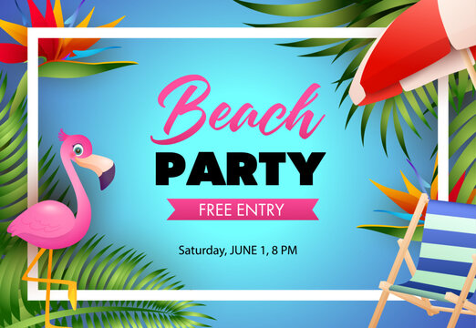 Beach party poster design. Pink flamingo, beach chair, umbrella, palm leaves and text in frame on blue background. Vector illustration can be used for banners, flyers, invitations