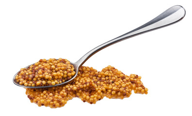 French mustard in spoon isolated on white background