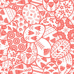 Seamless pattern with Easter eggs with floral and plant ornamental. Folk style collection, laconic vector graphic Scandinavian style. Red color. For holiday celebration design