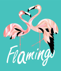 Two colored flamingos. Coral and teal. Vector illustration.