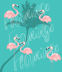 Card with flamingo on teal background. Vector illustration.