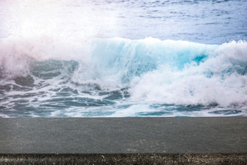 desk of free space and summer waves on ocean. 