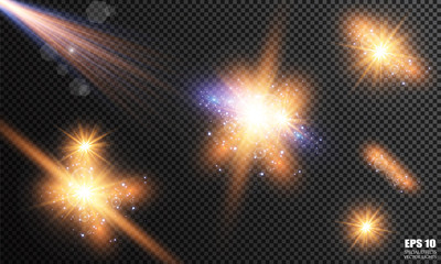 Vector illustration of abstract flare light rays. A set of stars, light and radiance, rays and brightness. Glow light effect. Vector illustration. Christmas flash Concept