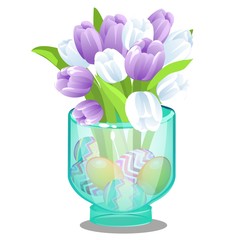 Glass vase with fresh flowers tulips and Easter eggs isolated on white background. Vector cartoon close-up illustration.