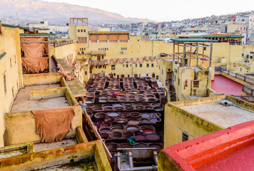 Sightseeing of Morocco. Tanneries of Fez. Dye reservoirs and vats in traditional tannery of city of...