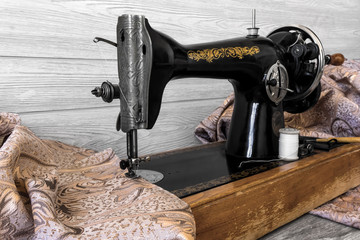 antique sewing machine and fabrics