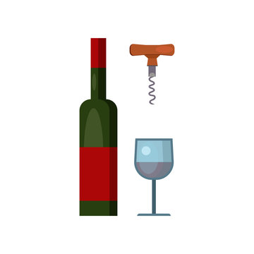 Wine bottle and glass illustration. Picnic, summer, weekend. Grill party concept. Vector illustration can be used for topics like eating, food, grill picnic