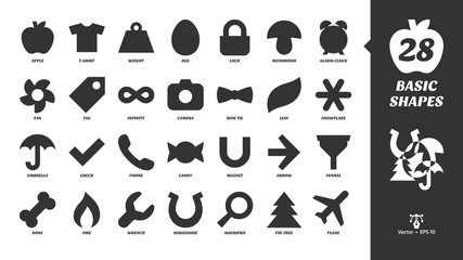 Basic glyph shapes icon set with simple fill silhouette apple, t-shirt, weight, egg, lock, mushroom, alarm clock, fan, tag, infinity, camera, bow tie, leaf, snowflake, umbrella and more black symbols.