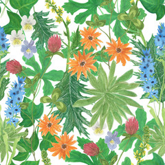 Watercolor painting seamless floral pattern with wildflowers. 