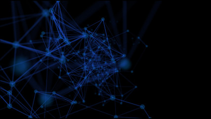 Futuristic network background - abstract dots and lines on black. Irregular structure of connected points. Science theme - mathematical or chemical objects. 3D rendering.