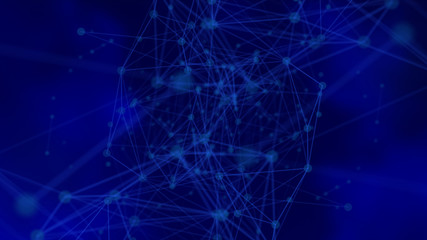 Futuristic network background - abstract dots and lines on blue. Irregular structure of connected points. Science theme - mathematical or chemical objects. 3D rendering.