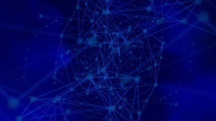 Futuristic network background - abstract dots and lines on blue. Irregular structure of connected points. Science theme - mathematical or chemical objects. 3D rendering.