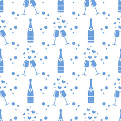 Seamless holiday pattern. Hearts, glasses, bottle