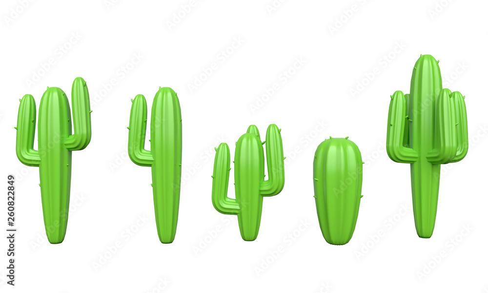 Poster set of green cactus isolated on white background. 3d rendering