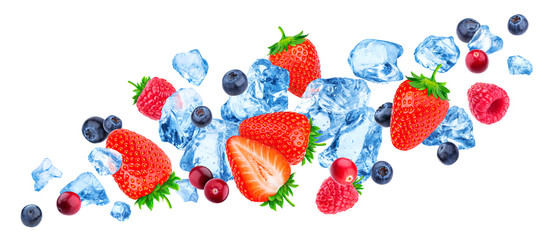 Flying pieces of crushed ice and wild berries isolated on white background with clipping path