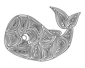 Coloring book antistress. Vector illustration of doodle black and white whale. Coloring page for adults