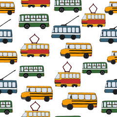 Vector transportation seamless pattern.Children repeating background with bus, tram, school bus, trolleybus. Endless backdrop for kids with public transport