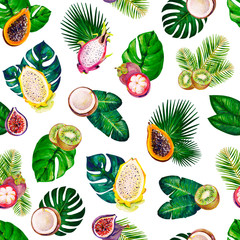 Gouache seamless pattern with tropic leaves and fruits. Pattern 3. Clipart for art work and weddind design.